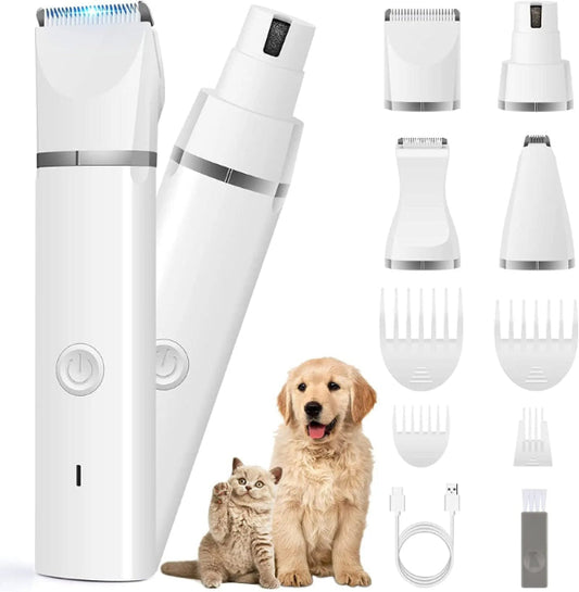Pet grooming tool with attachments and a dog and cat on a white background